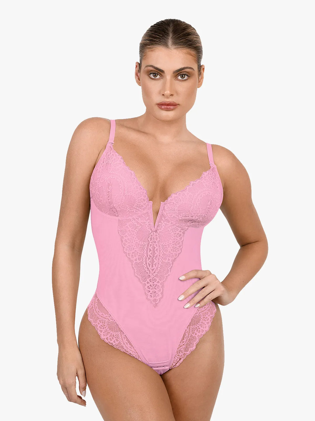 Shapewear Deep-V Neck  Alluring Plunge Lace Thong Bodysuit