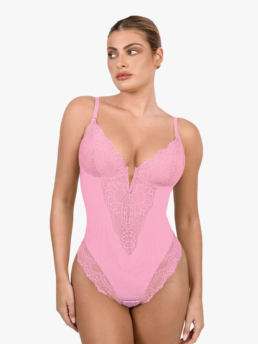 Shapewear Deep-V Neck  Alluring Plunge Lace Thong Bodysuit