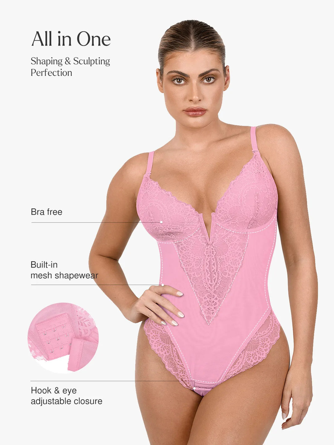Shapewear Deep-V Neck  Alluring Plunge Lace Thong Bodysuit