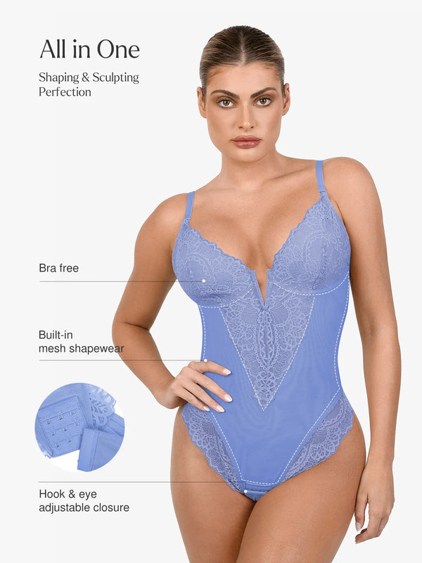 Shapewear Deep-V Neck  Alluring Plunge Lace Thong Bodysuit