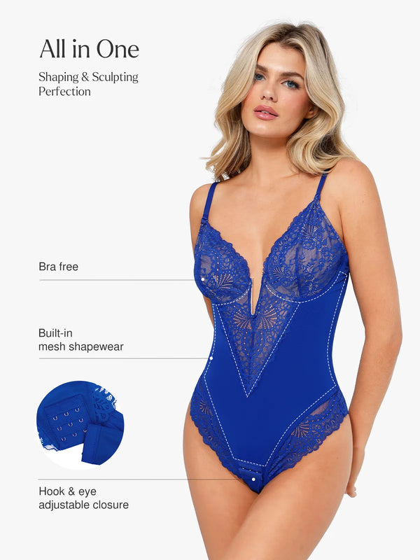 Shapewear Deep-V Neck  Alluring Plunge Lace Thong Bodysuit
