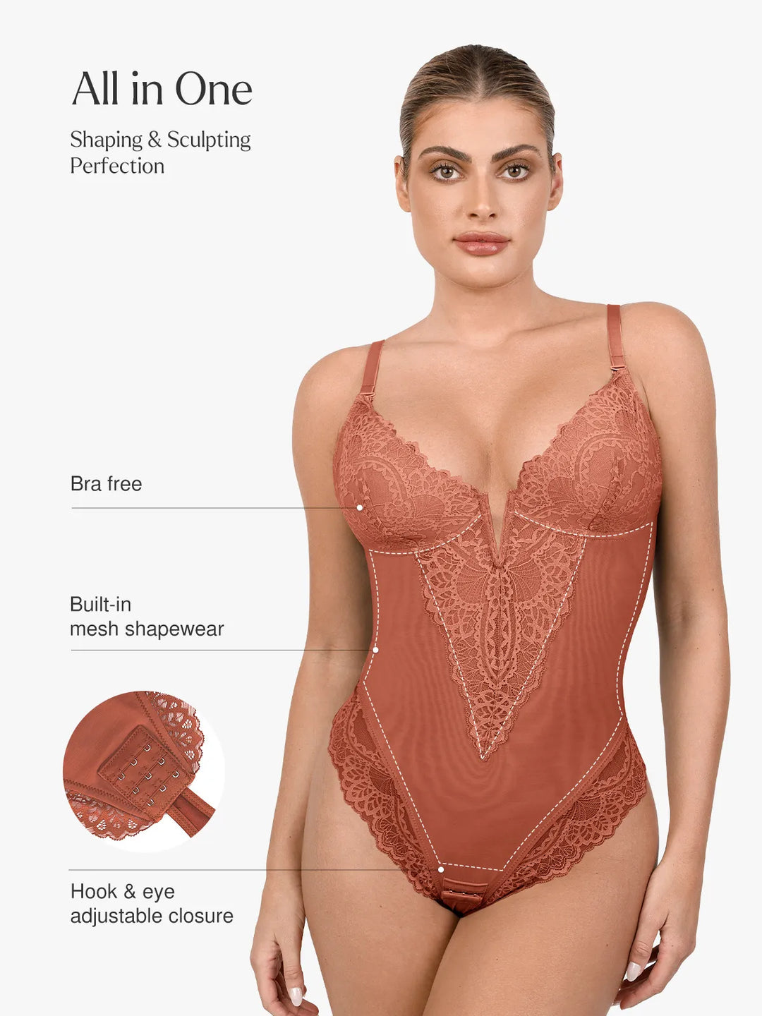 Shapewear Deep-V Neck  Alluring Plunge Lace Thong Bodysuit