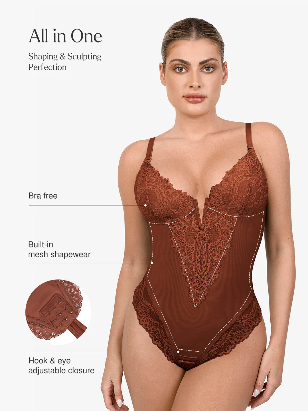 Shapewear Deep-V Neck  Alluring Plunge Lace Thong Bodysuit