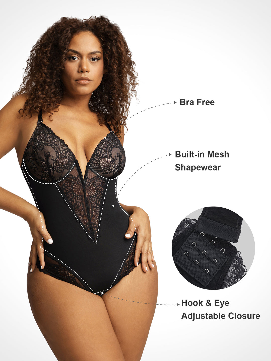 Shapewear Deep-V Neck  Alluring Plunge Lace Thong Bodysuit