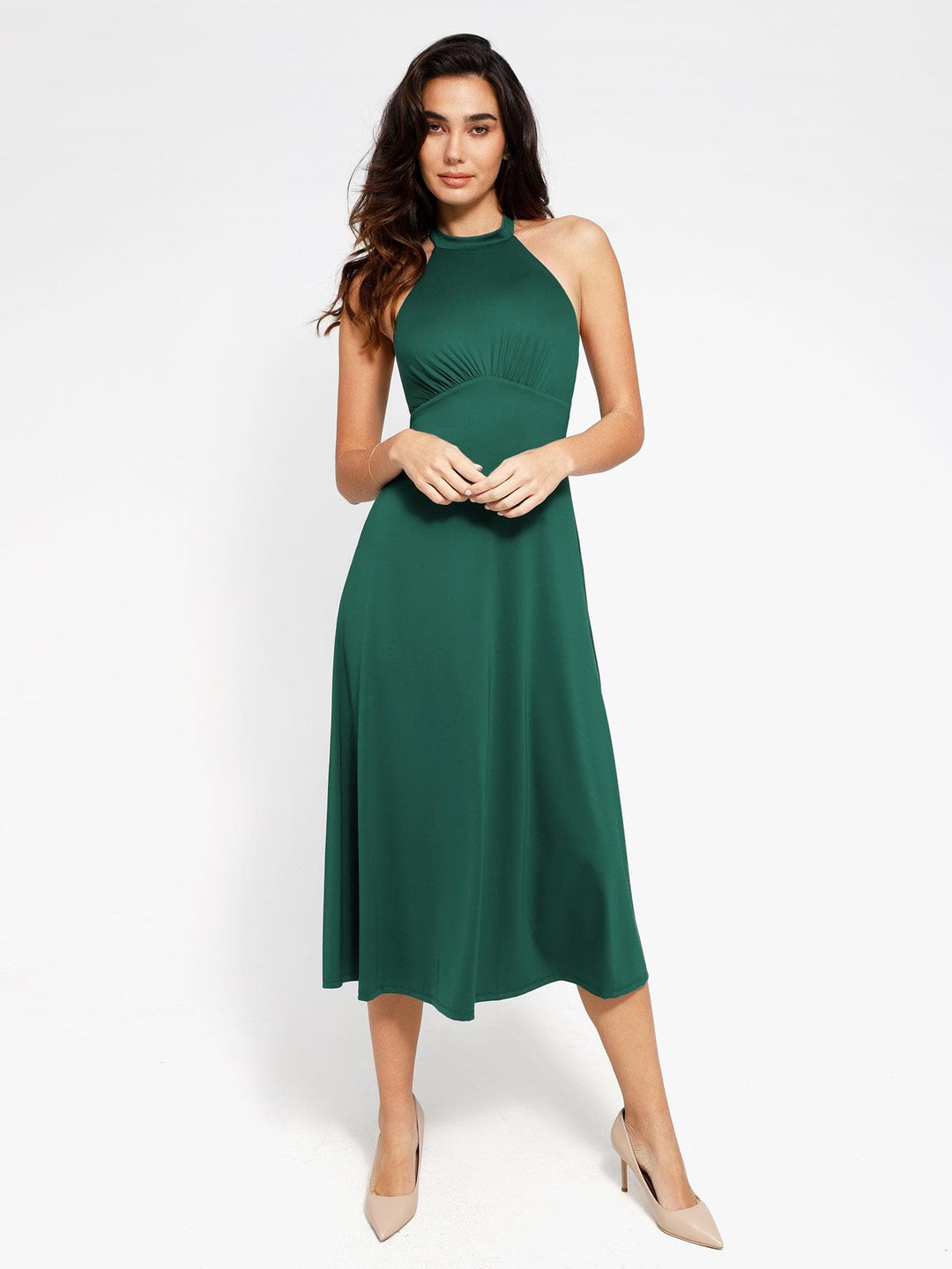 Popilush? Built-In Shapewear Halter A-Line Sleeveless Midi Dress
