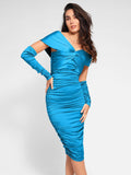 Popilush? Bodycon Summer Dress Club Party Sea Blue / XS Built-In Shapewear Ruched Shine Midi Dress