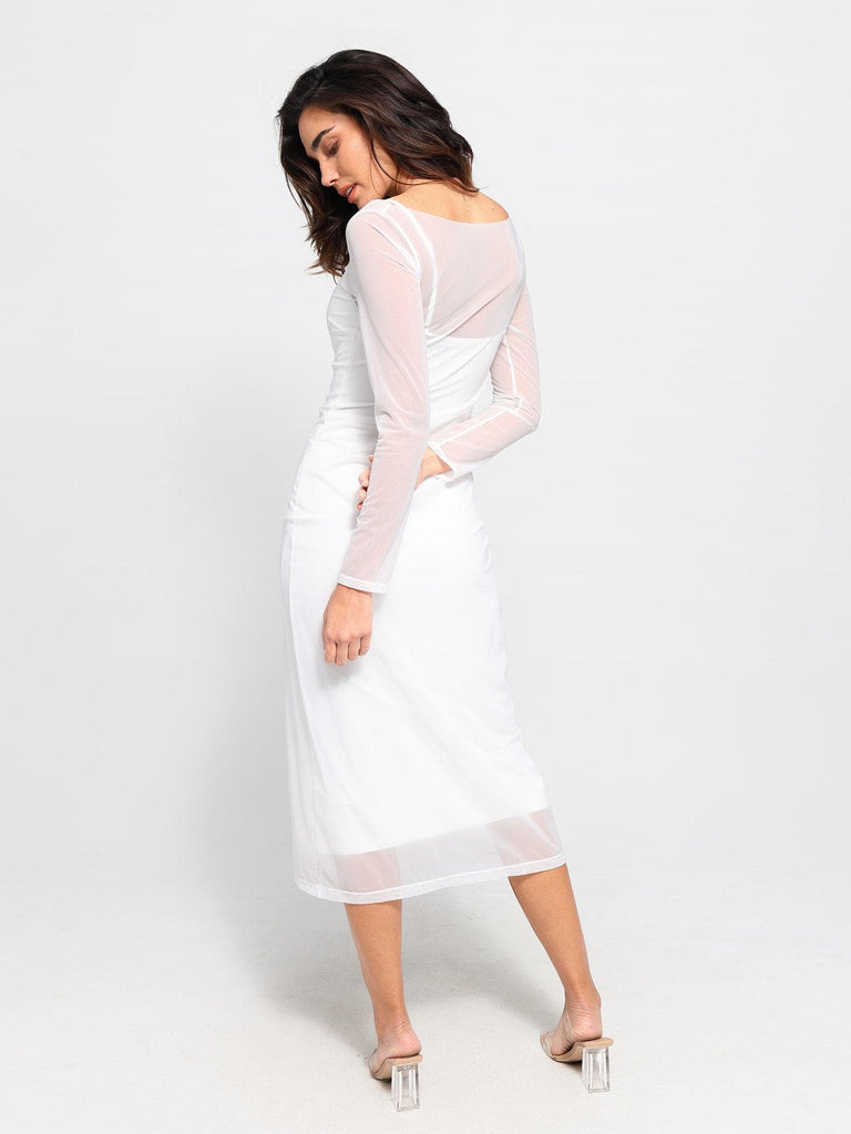 Popilush? Formal Bodycon Party Summer Dress Built-In Shapewear Sheer Mesh Slip Split Midi Dress Set