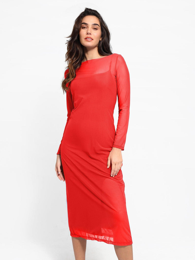 Popilush? Formal Bodycon Party Summer Dress Red / S Built-In Shapewear Sheer Mesh Slip Split Midi Dress Set