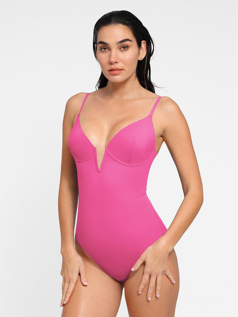 Popilush? Tummy Control Slimming Swimwear Pink / XS Deep V-Neck One-Piece Shapewear Low-Back Swimsuit
