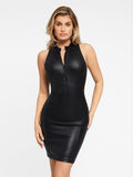 Popilush? Faux Leather Bodycon Party Summer Dress Built-In Shapewear Leather Mock Neck Midi Dress