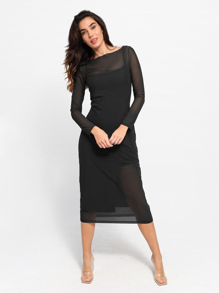 Popilush? Formal Bodycon Party Summer Dress Built-In Shapewear Sheer Mesh Slip Split Midi Dress