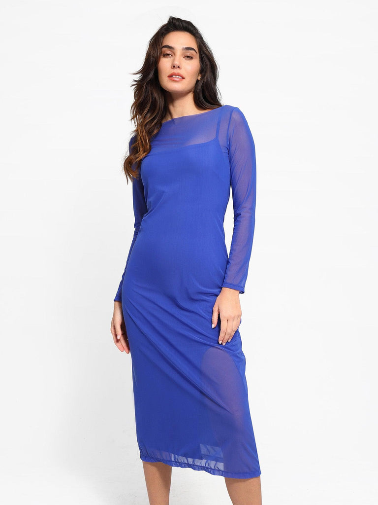 Popilush? Formal Bodycon Party Summer Dress Blue / S Built-In Shapewear Sheer Mesh Slip Split Midi Dress Set