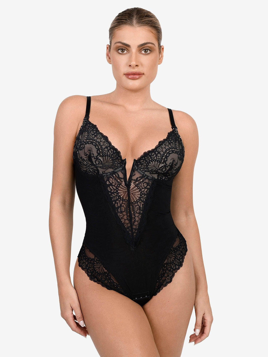 Shapewear Deep-V Neck  Alluring Plunge Lace Thong Bodysuit