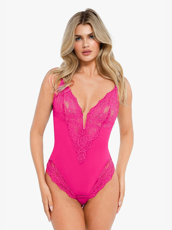 Shapewear Deep-V Neck  Alluring Plunge Lace Thong Bodysuit