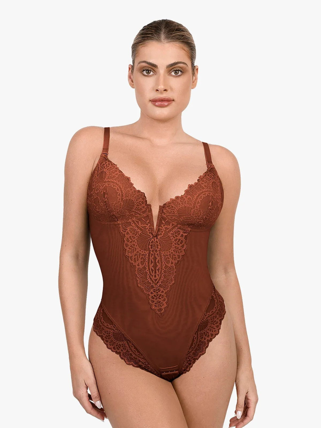 Shapewear Deep-V Neck  Alluring Plunge Lace Thong Bodysuit