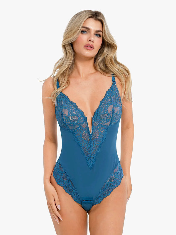 Shapewear Deep-V Neck  Alluring Plunge Lace Thong Bodysuit