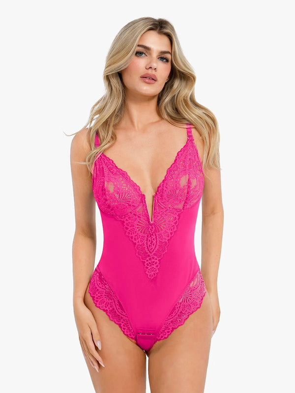Shapewear Deep-V Neck  Alluring Plunge Lace Thong Bodysuit