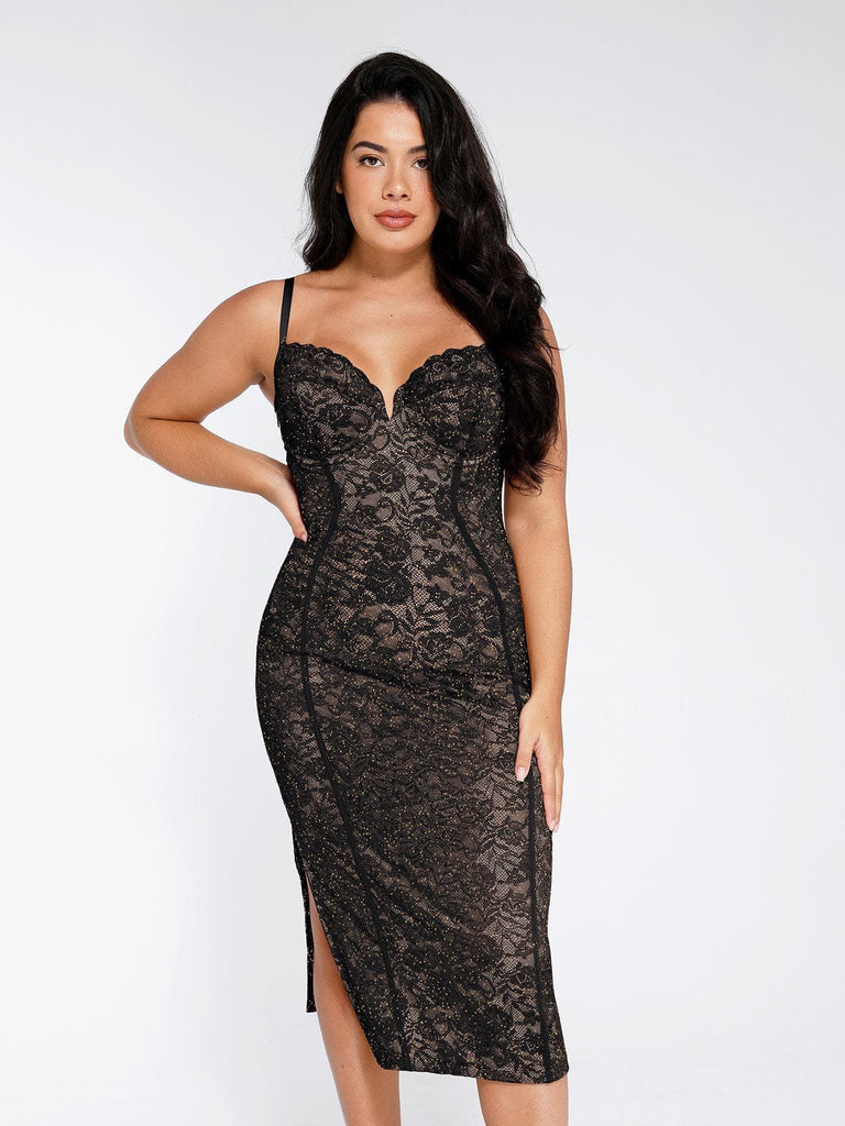 Popilush? Formal Bodycon Party Summer Cocktail Gown Black / XS The Lace Shapewear Dress Corset Style Midi