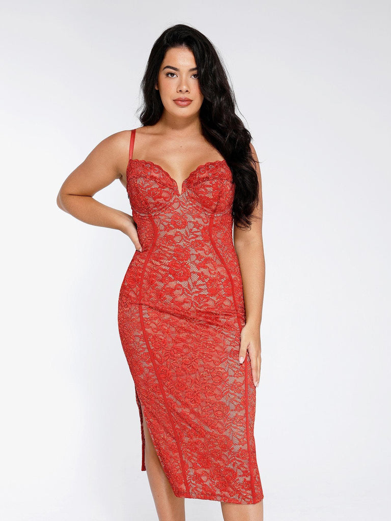 Popilush? Formal Bodycon Party Summer Cocktail Gown Red / XS The Lace Shapewear Dress Corset Style Midi