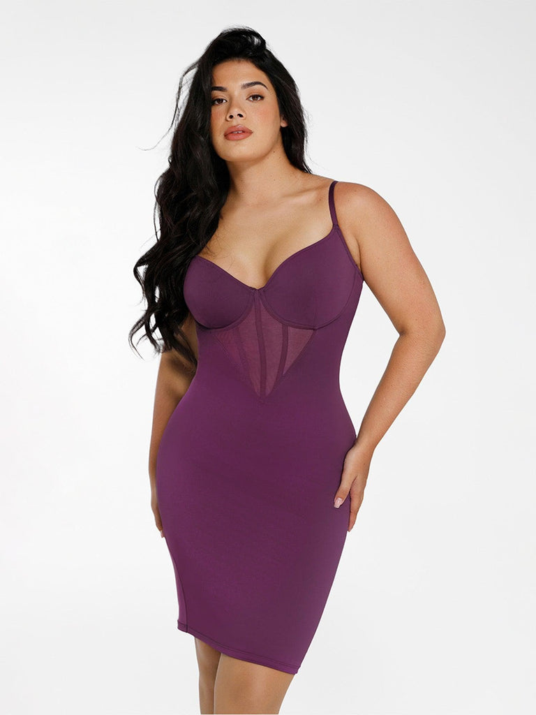 Popilush? Slip Bodycon Party Summer Cocktail Casual Gown Purple / XS The Shapewear Dress Midi with Mesh Detail