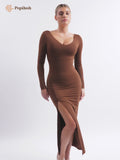 Built-In Shapewear Long Sleeve V-neck Split Maxi Dress