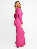 Popilush Square Neck Bodycon Maxi Long Dress Built-in Shaper Modal Long Sleeve Lounge Dress