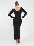 Popilush? Built-In Shapewear Long Sleeve V-neck Split Maxi Dress