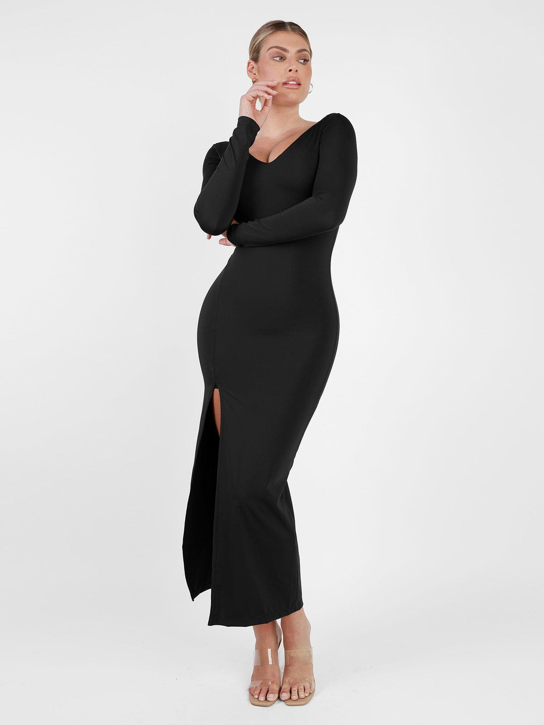 Popilush? Built-In Shapewear Long Sleeve V-neck Split Maxi Dress