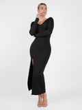 Popilush? Built-In Shapewear Long Sleeve V-neck Split Maxi Dress