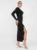 Popilush? Built-In Shapewear Long Sleeve V-neck Split Maxi Dress