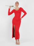 Popilush? Built-In Shapewear Long Sleeve V-neck Split Maxi Dress