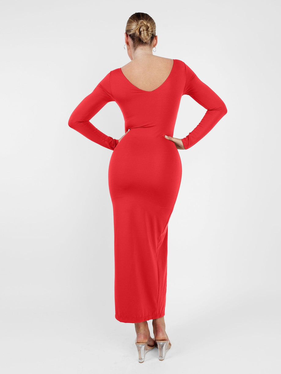 Built-In Shapewear Long Sleeve V-neck Split Maxi Dress