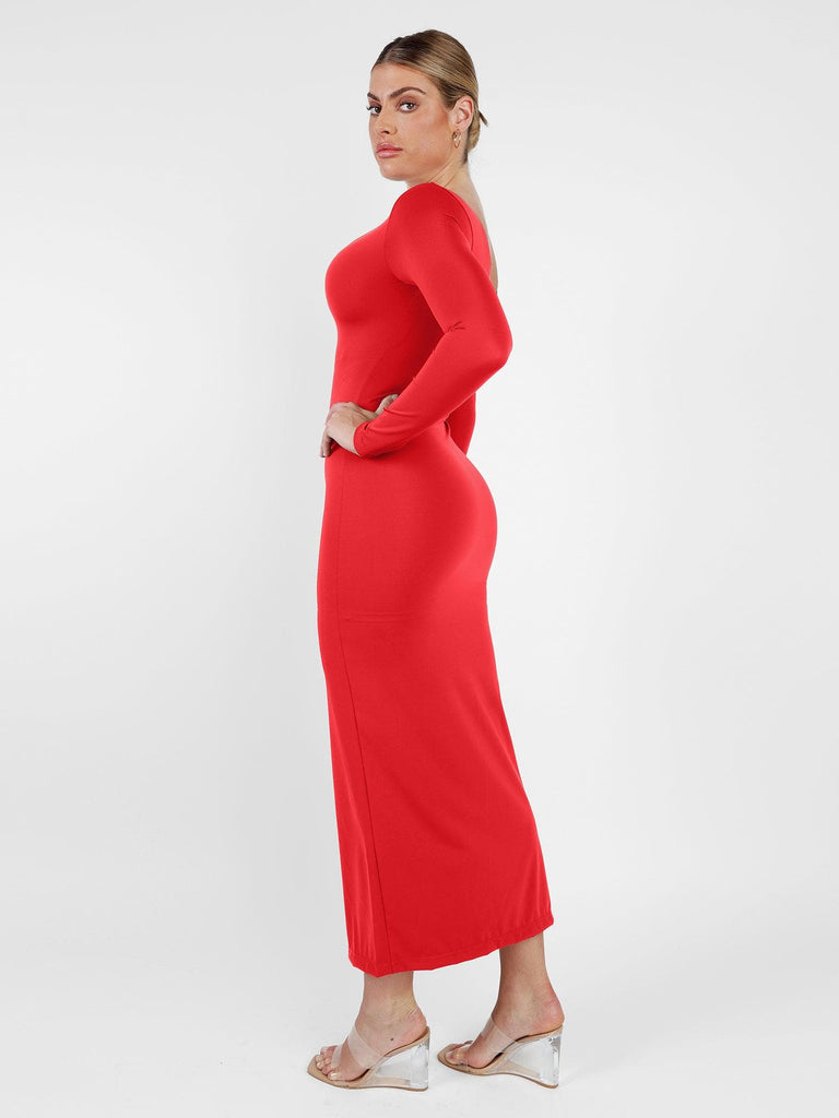 Popilush? Built-In Shapewear Long Sleeve V-neck Split Maxi Dress