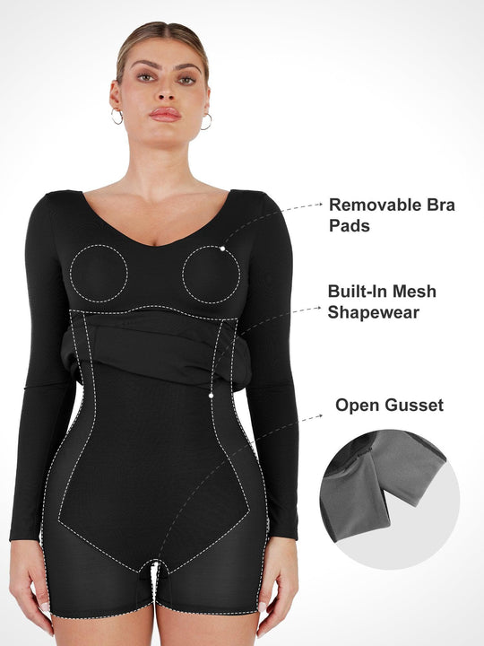 Popilush? Built-In Shapewear Long Sleeve V-neck Split Maxi Dress