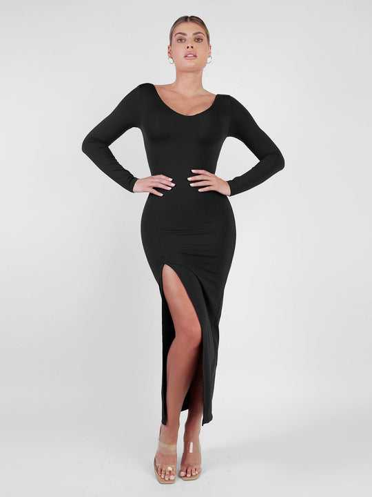 Popilush? Built-In Shapewear Long Sleeve V-neck Split Maxi Dress