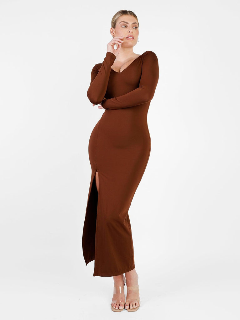 Popilush? Brown / S Built-In Shapewear Long Sleeve V-neck Split Maxi Dress