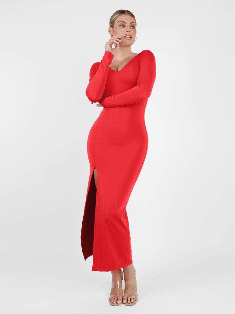 Popilush? Red / S Built-In Shapewear Long Sleeve V-neck Split Maxi Dress