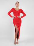 Popilush? Red / S Built-In Shapewear Long Sleeve V-neck Split Maxi Dress