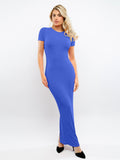 Popilush? Blue / XS Built-In Shapewear Mock Neck Modal Short Sleeve Maxi Dress