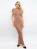 Popilush? Brown / XS Built-In Shapewear Mock Neck Modal Short Sleeve Maxi Dress
