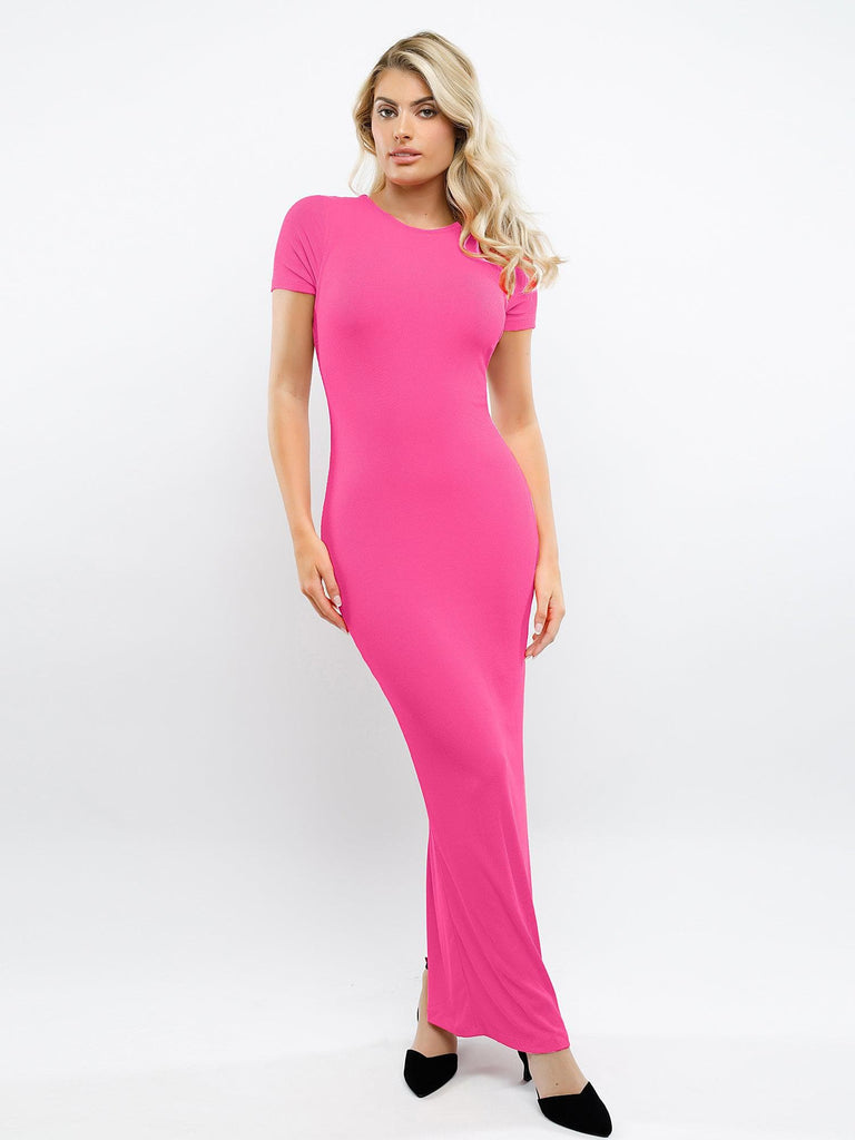 Popilush? Pink / XS Built-In Shapewear Mock Neck Modal Short Sleeve Maxi Dress