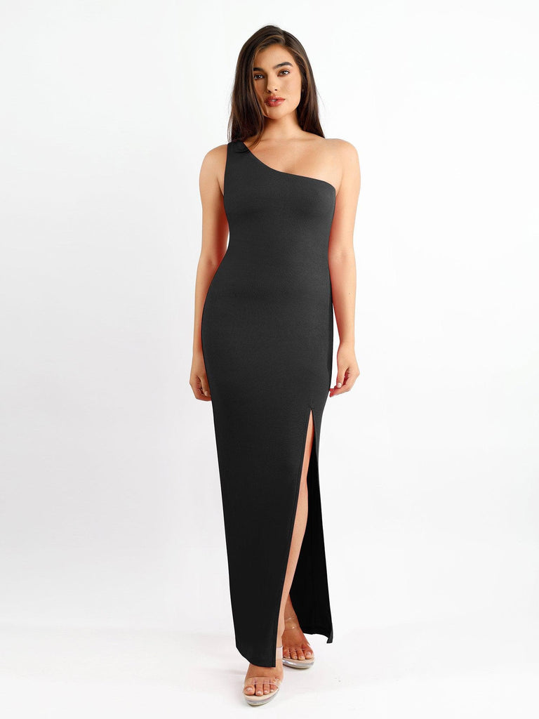Popilush? Formal Bodycon Party Dress Black / S Built-In Shapewear One Shoulder Split Modal Maxi Dress