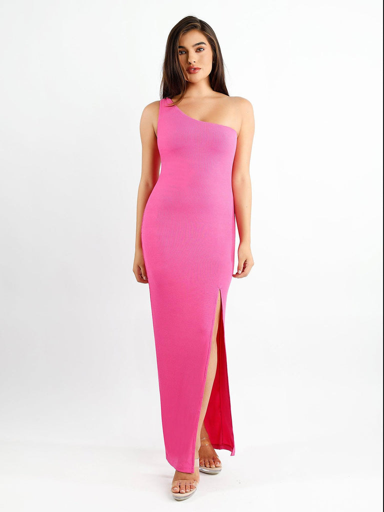 Popilush? Formal Bodycon Party Dress Pink / S Built-In Shapewear One Shoulder Split Modal Maxi Dress