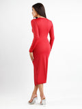 Popilush? Formal Bodycon Party Dress Built-In Shapewear Ruched Long Sleeve Split Midi Dress
