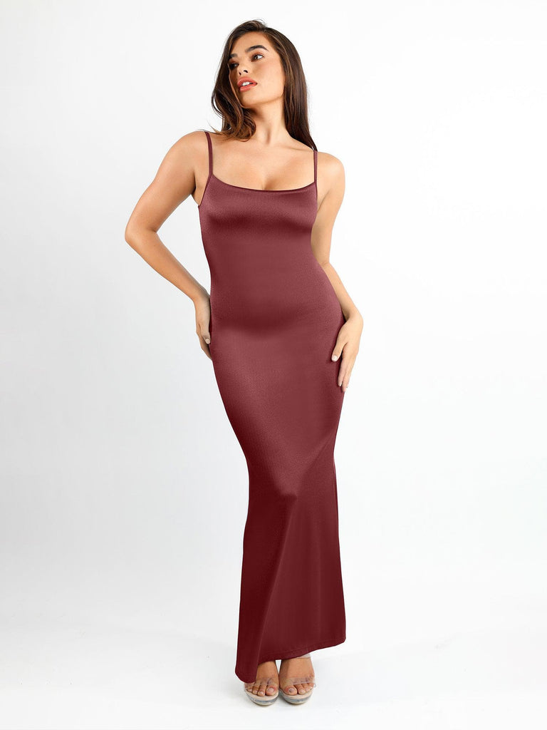 Popilush? Wine / S Built-In Shapewear Slip Shine Maxi Dress