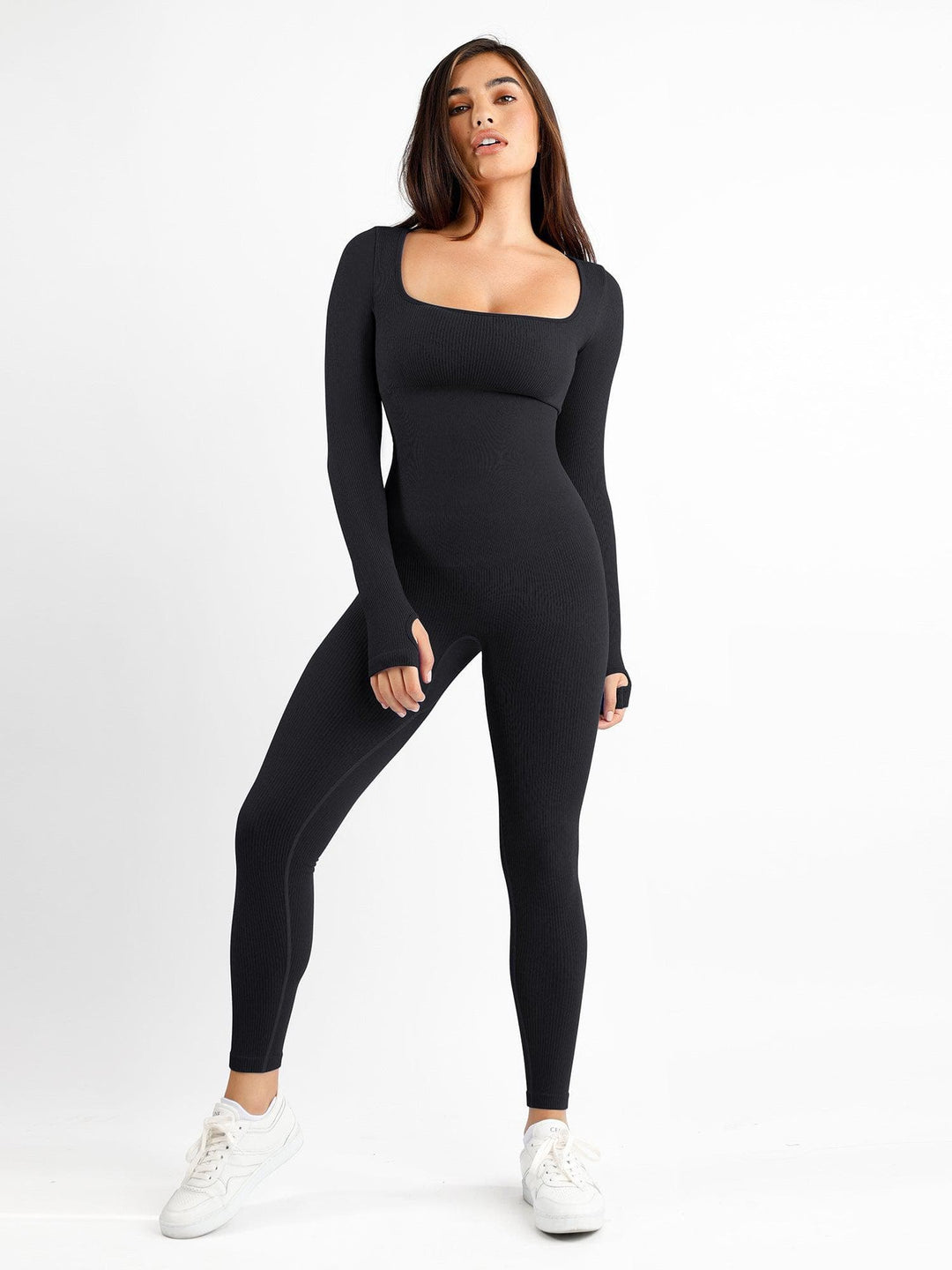 Popilush? Seamless Thumbhole Square Neck Long Sleeve Jumpsuit