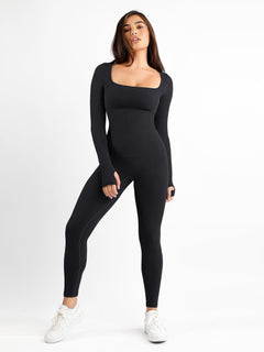 Popilush? Seamless Thumbhole Square Neck Long Sleeve Jumpsuit