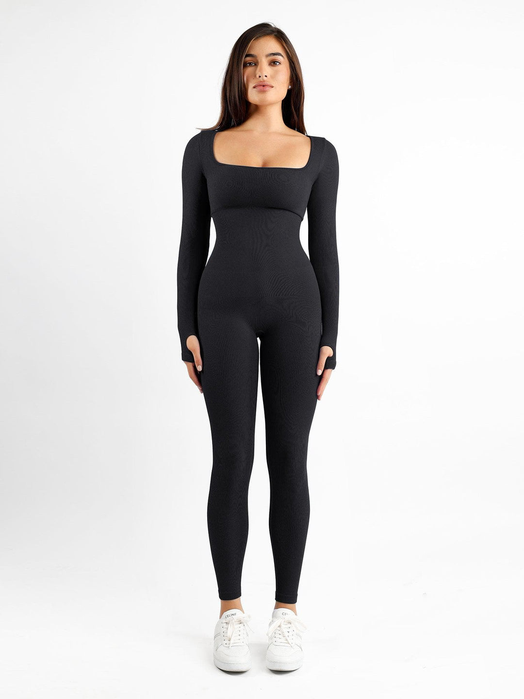 Popilush? Seamless Thumbhole Square Neck Long Sleeve Jumpsuit