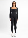 Popilush? Seamless Thumbhole Square Neck Long Sleeve Jumpsuit