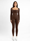 Popilush? Seamless Thumbhole Square Neck Long Sleeve Jumpsuit